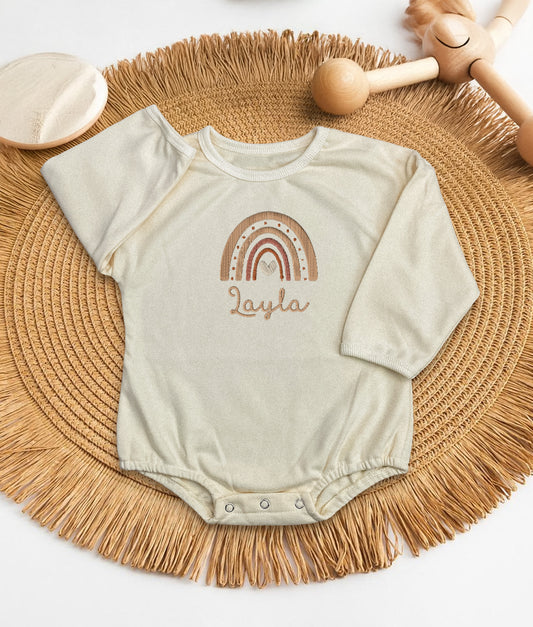 Boho Rainbow Personalized Baby Onesie – Custom Name Bodysuit – Soft Cotton Newborn Outfit for Girls