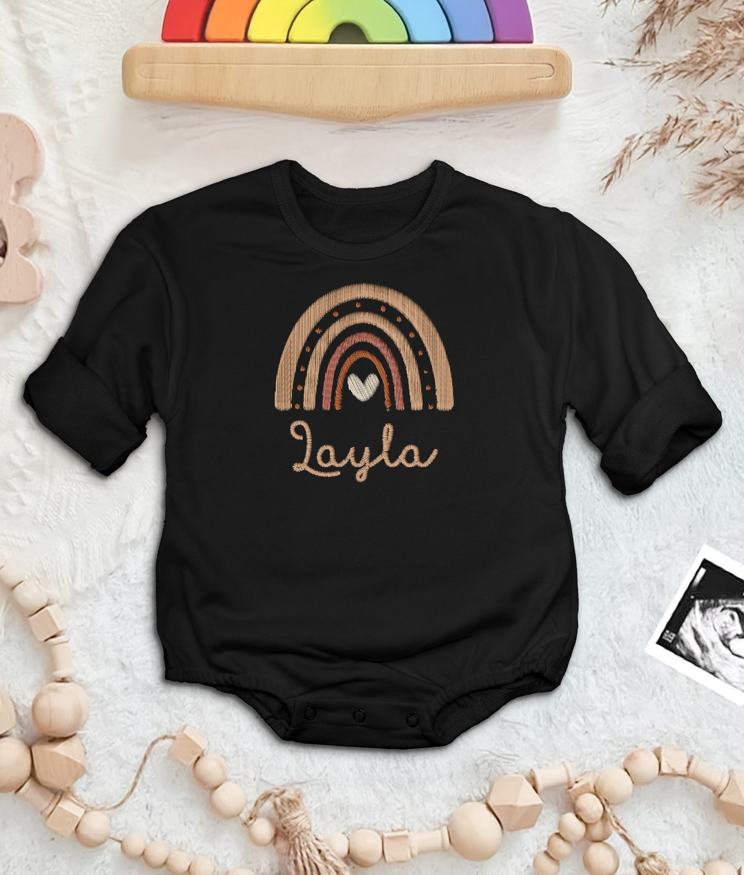 Boho Rainbow Personalized Baby Onesie – Custom Name Bodysuit – Soft Cotton Newborn Outfit for Girls