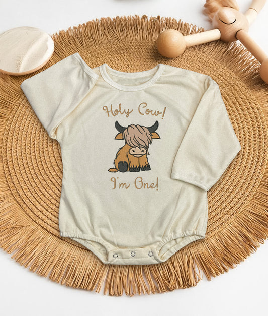 Holy Cow I'm One Baby Onesie – 1st Birthday Bodysuit with Highland Cow – Funny Farm-Themed First Birthday Outfit
