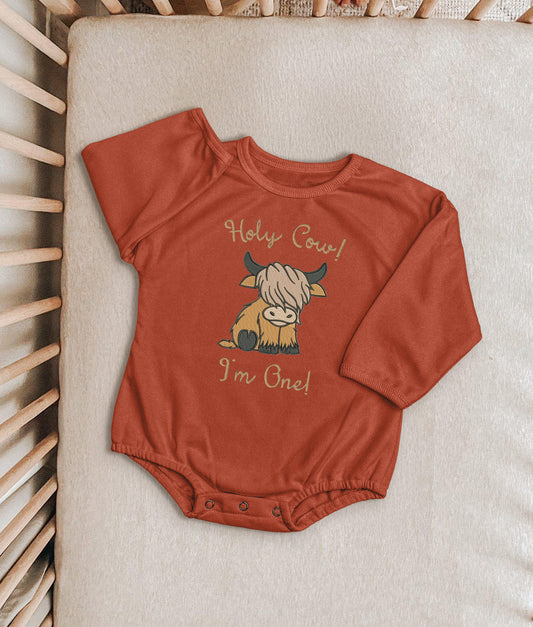 Holy Cow I'm One Baby Onesie – 1st Birthday Bodysuit with Highland Cow – Funny Farm-Themed First Birthday Outfit