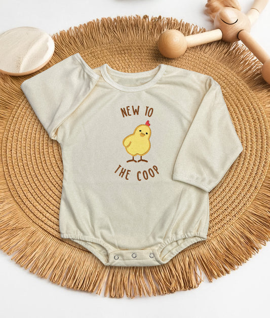 New to the Coop Baby Bodysuit – Funny Baby Chick Outfit – Embroidered Chicken Onesie for Farm Baby Shower Gift