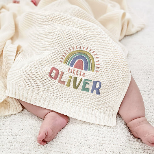 Personalized Baby Blanket with Rainbow and Name – Custom Gift for Baby Oliver | Soft Knit with Boho Design