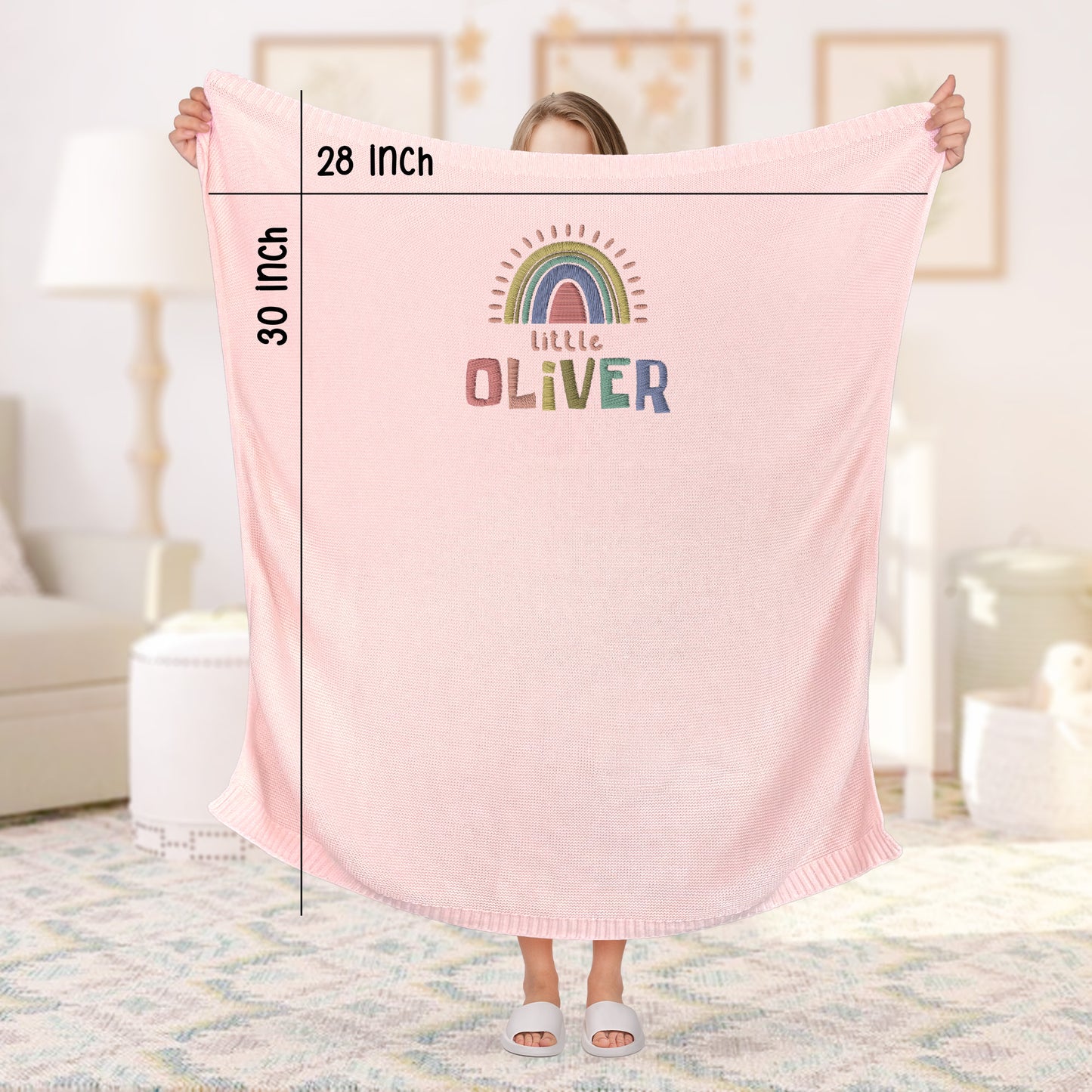 Personalized Baby Blanket with Rainbow and Name – Custom Gift for Baby Oliver | Soft Knit with Boho Design