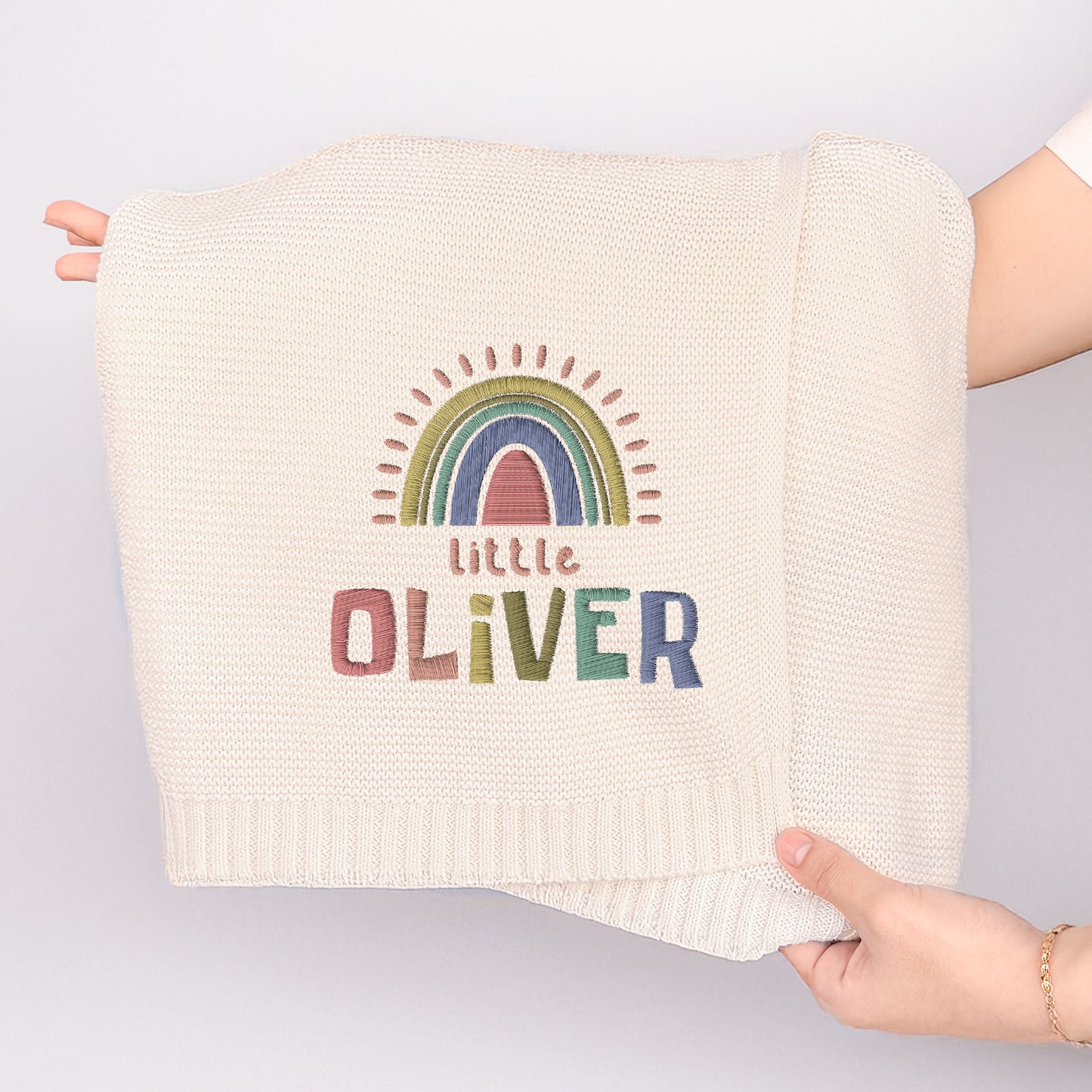 Personalized Baby Blanket with Rainbow and Name – Custom Gift for Baby Oliver | Soft Knit with Boho Design