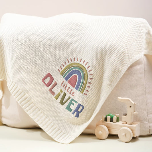Personalized Baby Blanket with Rainbow and Name – Custom Gift for Baby Oliver | Soft Knit with Boho Design