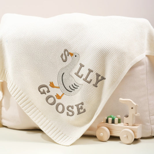 Baby Blanket with Silly Goose Embroidery –  Gift for Baby | Soft Knit with Fun Design