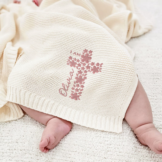 Personalized Baby Blanket with Floral Cross and Name – Custom Baptism Gift for Baby Olivia | Soft Knit with Elegant Design