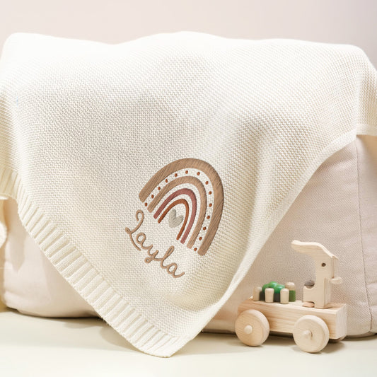 Personalized Baby Blanket with Rainbow Embroidery – Custom Gift for Baby Layla | Soft Knit with Boho Design