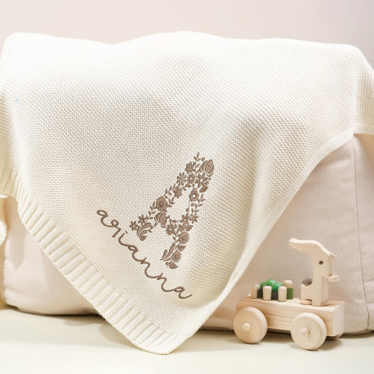 Personalized Baby Blanket with Floral Initial and Name – Custom Gift for Baby Arianna | Soft Knit with Elegant Design
