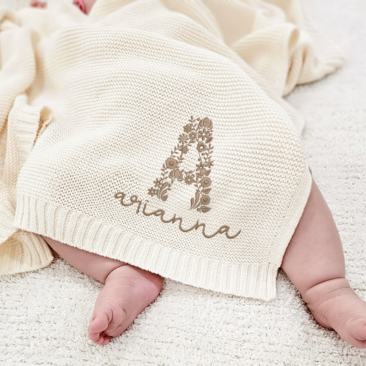 Personalized Baby Blanket with Floral Initial and Name – Custom Gift for Baby Arianna | Soft Knit with Elegant Design