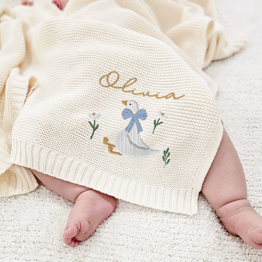 Personalized Baby Blanket with Embroidered Goose and Name – Custom Gift for Baby Olivia | Soft Knit with Floral Design