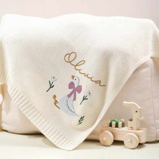 Personalized Baby Blanket with Embroidered Goose and Name – Custom Gift for Baby Olivia | Soft Knit with Floral Design
