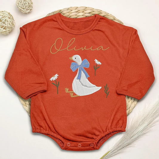 Personalized Duck Baby Onesie – Embroidered Baby Bodysuit with Name and Bow – Custom Farm Animal Outfit for Newborn Girl