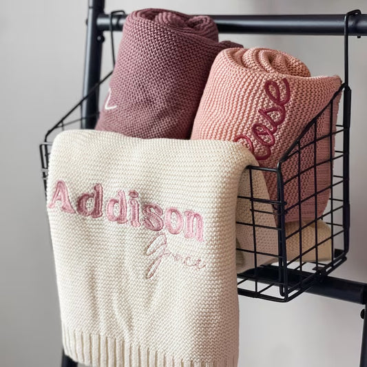 Personalized Baby Blanket with Name Embroidery – Custom Soft Knit Blanket for Baby Addison | Elegant Newborn Gift with Graceful Design