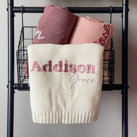 Personalized Baby Blanket with Name Embroidery – Custom Soft Knit Blanket for Baby Addison | Elegant Newborn Gift with Graceful Design