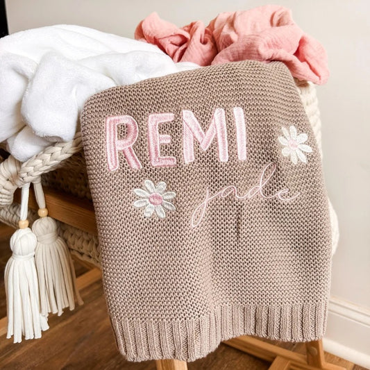 Personalized Baby Blanket with Name and Floral Embroidery – Custom Soft Knit Blanket for Baby Remi | Elegant Newborn Gift