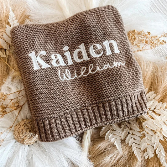 Personalized Baby Blanket – Custom Name Knit Blanket, Soft Brown Neutral Newborn Gift
