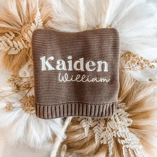 Personalized Baby Blanket – Custom Name Knit Blanket, Soft Brown Neutral Newborn Gift