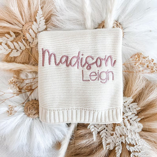 Personalized Baby Blanket with Name Embroidery – Custom Soft Knit Blanket for Baby Madison | Elegant and Stylish Newborn Gift