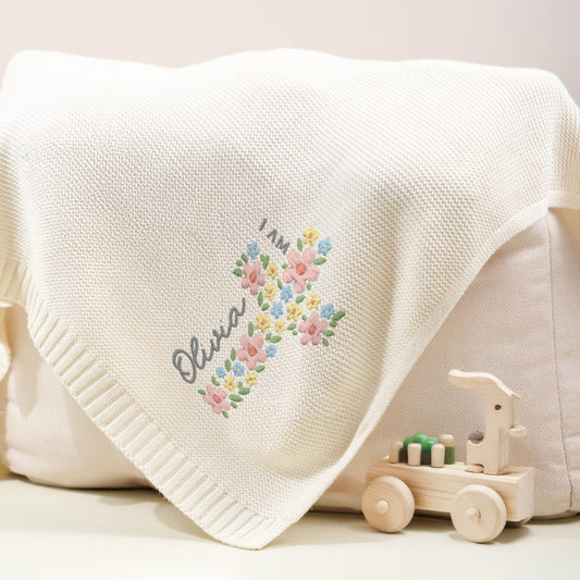 Personalized Baptism Baby Blanket with Name and Floral Cross – Custom Christening Gift for Girls or Boys – Soft Knit Religious Newborn Blanket